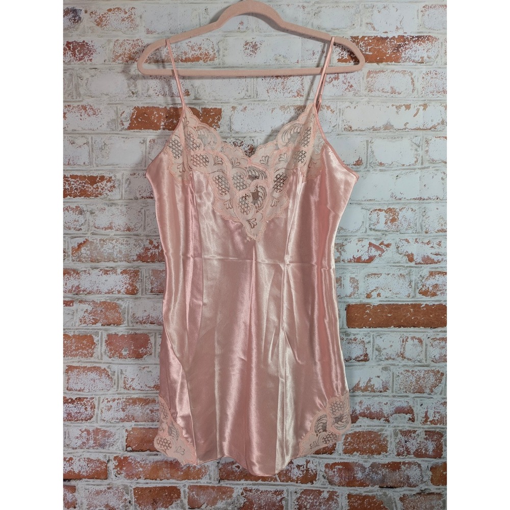 Victoria's Secret Chemise Womens L Pink Vintage Gold Label Lace Satin Nightgown